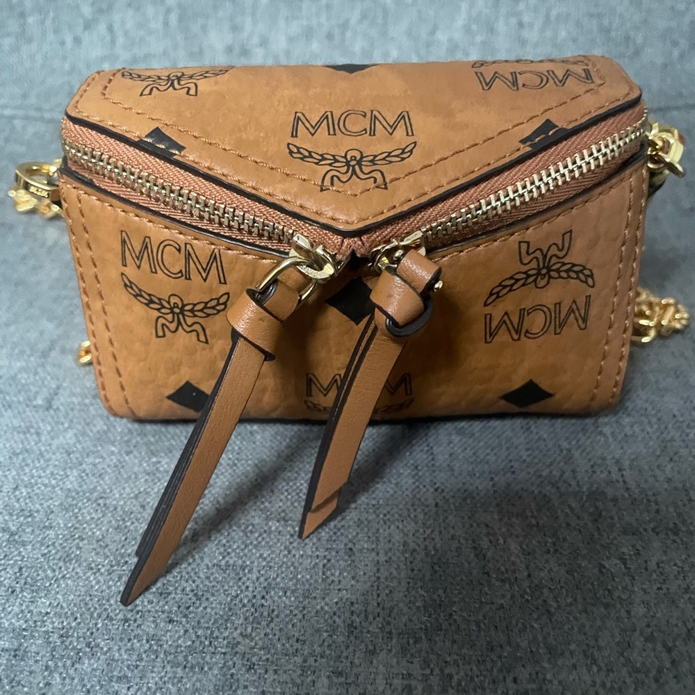 MCM Tan Mini Crossbody Bag with Gold Accents